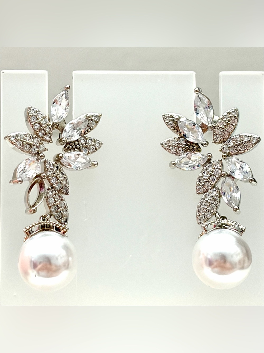 Pearl CZ Leaf Drop Earrings Silver Tone Bridal Wedding Statement Earrings